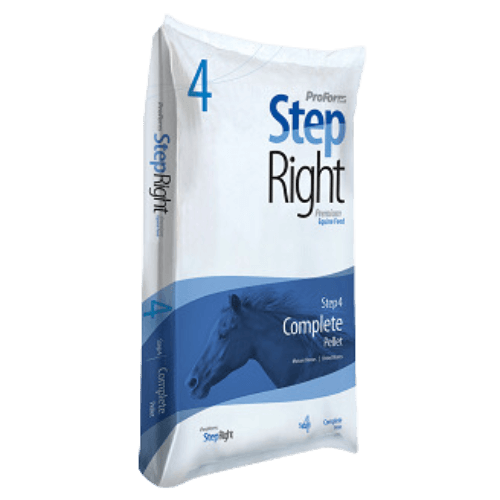 Bag of Step Right Complete Pellet horse feed, labeled Step 4.