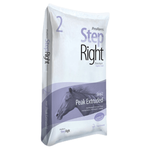 Bag of Step Right Step 2 Peak Extruded horse feed.