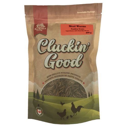 Cluckin' Good Chicken Treats 100% dried mealworms proudly packaged in Alberta.