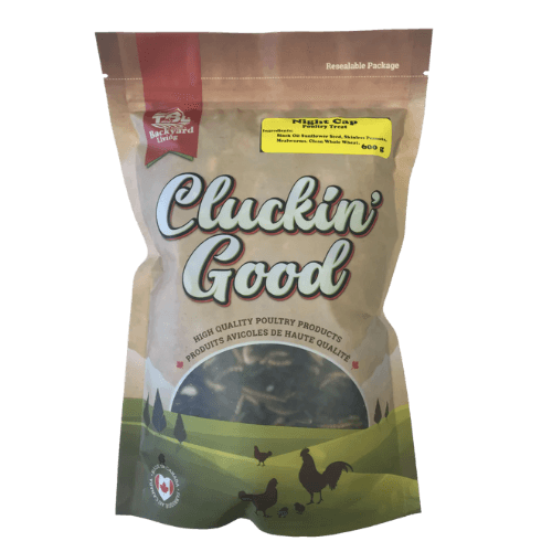 Cluckin' Good chicken Treats - Night Cap Ingredients: Black Oil Sunflower Seed, Skinless Peanuts, Mealworms, Clean Whole Wheat.  Proudly packaged in Alberta.