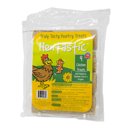 Hentastic Chicken treats with mealworm, sunflower heart, oregano, and probiotics are a great source of nutrients to provide concentrated energy, extra protein, and healthy probiotics to your backyard chickens. Pairs with the hanging treats feeder